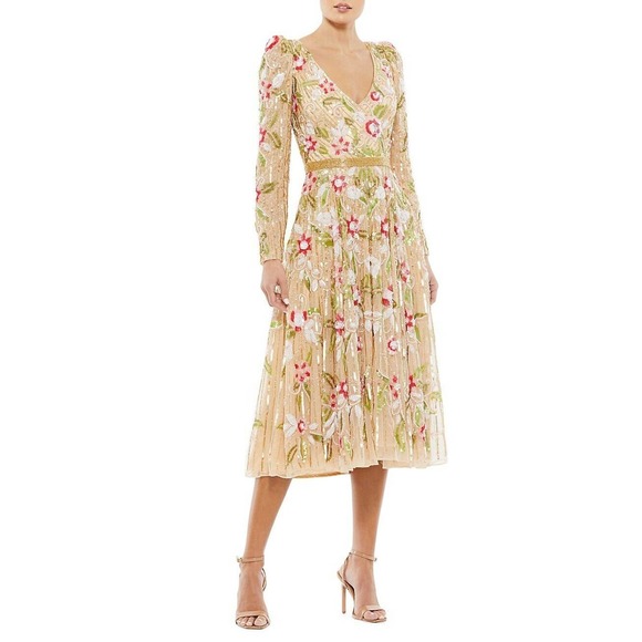 mac duggal sequin floral cocktail midi dress Mac Duggal Strapless Floral Sequin Midi Dress
